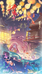 Rule 34 | 1girl, aerial fireworks, algae, architecture, brown eyes, cat, character name, china dress, chinese clothes, chinese commentary, chinese new year, commentary request, dress, east asian architecture, fireworks, fish, food, highres, holding, holding brush, lantern, long hair, momo (miracle nikki), night, night sky, nikki (miracle nikki), official art, open mouth, paper lantern, pink hair, saliva, shining nikki, signature, sky, sky lantern, teeth, turtle, water, white cat, yellow cloak