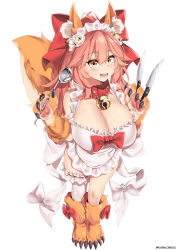 Rule 34 | 1girl, animal ear fluff, animal ears, animal hands, apron, bell, between fingers, blush, bow, breasts, cat hair ornament, cat paws, claws, cleavage, collar, fangs, fate/extra, fate/grand order, fate (series), fox ears, fox girl, fox tail, frilled apron, frills, full body, gloves, hair between eyes, hair bow, hair ornament, highres, holding, jingle bell, kanachirou, knife, ladle, large breasts, long hair, looking at viewer, naked apron, neck bell, open mouth, paw gloves, paw shoes, pink hair, ponytail, red bow, shoes, sidelocks, simple background, smile, solo, tail, tamamo (fate), tamamo cat (fate), tamamo cat (third ascension) (fate), thighs, yellow eyes