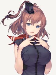 Rule 34 | 10s, 1girl, anchor, black dress, blue eyes, breast pocket, breast suppress, breasts, brown hair, dress, hair ornament, kantai collection, large breasts, long hair, neckerchief, open mouth, own hands together, pocket, red neckerchief, rokuwata tomoe, saratoga (kancolle), saratoga mk ii (kancolle), shirt, side ponytail, sidelocks, simple background, smile, smokestack, solo, taut clothes, taut shirt, white background