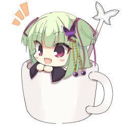 Rule 34 | 1girl, :d, absurdres, blunt bangs, blunt ends, blush stickers, butterfly hair ornament, chibi, coffee mug, commentary request, cup, detached sleeves, eyes visible through hair, hair ornament, hair ribbon, highres, hime cut, kaon zz, long sleeves, looking afar, mug, murasame (senren), notice lines, open mouth, purple ribbon, red eyes, ribbon, senren banka, sidelocks, simple background, smile, solo, two side up, white background, wide sleeves