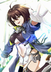 Rule 34 | 1girl, :d, ahoge, azur lane, baltimore (azur lane), black thighhighs, blue coat, braid, breasts, brown hair, center opening, clothing cutout, coat, commentary request, cowboy shot, dress, french braid, garter straps, gloves, hair between eyes, highres, hood, hood down, hooded coat, large breasts, long sleeves, looking at viewer, multicolored coat, murasaki tsutsuji, navel, open mouth, outstretched arm, rudder footwear, short hair, sidelocks, skindentation, smile, solo, standing, standing on one leg, stomach cutout, taut clothes, teeth, thighhighs, underboob, underboob cutout, upper teeth only, white dress, white gloves, yellow eyes, zipper, zipper pull tab