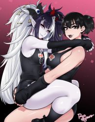 Rule 34 | 1girl, 2girls, agawa ryou, artist name, ass, black hair, black lips, draculita, gradient background, hooters, long hair, multicolored hair, multiple girls, original, purple background, real life, short hair, signature, solo, thick thighs, thighs, twintails, very long hair, virtual youtuber