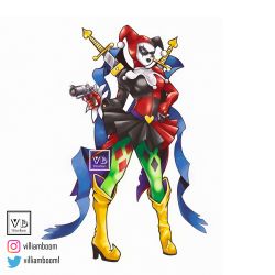 Rule 34 | absurdres, dc comics, digimon, fusion, gun, harley quinn, heart, highres, mask, piemon, simple background, solo, weapon, white background