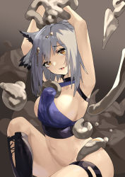 Rule 34 | 1girl, absurdres, alternate costume, ambience synesthesia, arknights, armpits, arms up, black footwear, boots, bottomless, bound, bound arms, breasts, crop top, gradient background, grey background, grey hair, highres, jiadedaoshi, knee boots, knee up, large breasts, looking at viewer, navel, open mouth, owl ears, ptilopsis (arknights), puffy sleeves, short hair, sideboob, sitting, slime (creature), solo, thigh strap, yellow eyes