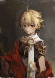 Rule 34 | 1boy, aether (genshin impact), ahoge, arm armor, armor, black background, blonde hair, blush, braid, brown eyes, brown shirt, cape, closed mouth, earrings, genshin impact, gold trim, hair between eyes, highres, jewelry, long hair, looking at viewer, male focus, red cape, san m, scarf, shirt, short sleeves, shoulder armor, signature, simple background, single earring, smile, solo, standing, white scarf