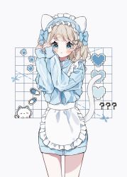 Rule 34 | 1girl, ?, ??, absurdres, animal ears, apron, blue eyes, blue jacket, blush, cat ears, cat girl, cat tail, closed mouth, commentary, cowboy shot, cross, cross earrings, earrings, english commentary, frilled apron, frills, grey hair, hair ornament, hands up, heart, heart hair ornament, highres, jacket, jersey maid, jewelry, long sleeves, looking at viewer, maid, maid headdress, napo (napo illust), original, own hands together, pill, short hair, sleeves past wrists, solo, standing, tail, track jacket, unconventional maid, waist apron, white apron, white background