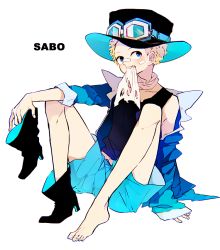 Rule 34 | 1boy, achpyu, aged down, arm support, bandaid, bandaid on face, bare legs, barefoot, black footwear, black hat, black shirt, blonde hair, blue eyes, blue jacket, blue shorts, blush, boots, character name, child, collarbone, full body, goggles, goggles on headwear, hat, holding, holding clothes, holding footwear, jacket, long sleeves, looking up, male focus, mouth hold, one piece, open clothes, open jacket, sabo (one piece), shirt, short hair, shorts, simple background, sitting, sleeves rolled up, solo, t-shirt, top hat, torn clothes, unworn boots, unworn footwear, white background, white neckwear
