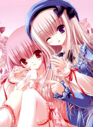 Rule 34 | 2girls, ;d, absurdres, beret, blonde hair, blush, frilled legwear, frilled sleeves, frills, hat, highres, hiiragi miu (tsukiyo no fromage), light particles, long hair, looking at viewer, meari, multiple girls, one eye closed, open mouth, pink hair, purple eyes, red eyes, ribbon, smile, thighhighs, tinker bell (pixiv 10956015), tsukiyo no fromage, white legwear