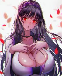 Rule 34 | 1girl, anemone (destiny child), black hair, breasts, collarbone, competition swimsuit, destiny child, earrings, hands on own chest, headband, highres, jewelry, large breasts, long hair, looking at viewer, nmnmo0326, one-piece swimsuit, parted lips, petals, red eyes, solo, swimsuit, whistle