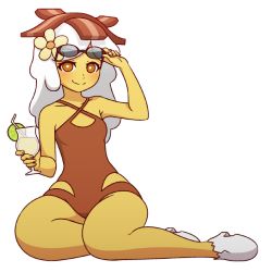 Rule 34 | 1girl, adventure time, bacon, bad id, bad tumblr id, breakfast princess, breasts, brown eyes, brown one-piece swimsuit, cup, drinking, drinking glass, drinking straw, flower, food, fruit, full body, hair flower, hair ornament, lime (fruit), lime slice, looking at viewer, mike inel, one-piece swimsuit, sitting, small breasts, smile, solo, sunglasses, swimsuit, transparent background, white hair, yokozuwari