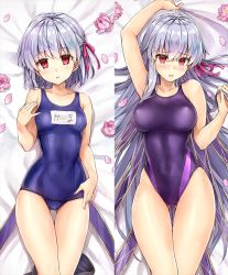 Rule 34 | 2girls, bare shoulders, blue one-piece swimsuit, blush, breasts, collarbone, dakimakura (medium), fate/grand order, fate (series), flower, hair between eyes, hair ribbon, highleg, highleg swimsuit, kama (fate), kama (first ascension) (fate), kama (second ascension) (fate), koyuki (kotatsu358), large breasts, long hair, looking at viewer, lotus, multiple girls, one-piece swimsuit, open mouth, parted lips, petals, pink ribbon, purple one-piece swimsuit, red eyes, ribbon, silver hair, small breasts, swimsuit, thighs