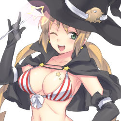 Rule 34 | 00s, 1girl, bikini, bikini top only, black gloves, blonde hair, breasts, capelet, cleavage, earrings, elbow gloves, gloves, green eyes, hat, jewelry, large breasts, m/, midriff, monica adenauer, naso4, navel, one eye closed, smile, striped bikini, striped clothes, swimsuit, twintails, wink, witch hat, yakitate!! japan