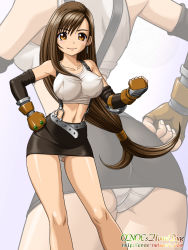 Rule 34 | 1990s (style), 1girl, ass, bad id, bad pixiv id, breasts, brown eyes, brown hair, clenched hand, clenched hands, covered erect nipples, earrings, elbow gloves, final fantasy, final fantasy vii, fingerless gloves, gloves, hand on own hip, jewelry, large breasts, long hair, low-tied long hair, midriff, miniskirt, navel, onoe, panties, pantyshot, pencil skirt, retro artstyle, shirt, skirt, smile, solo, suspender skirt, suspenders, taut clothes, taut shirt, tifa lockhart, underwear, upskirt, white panties