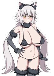 1girl animal_ears bikini black_bikini black_gloves black_thighhighs breasts covered_erect_nipples elbow_gloves fate/grand_order fate_(series) fur-trimmed_gloves fur-trimmed_legwear fur_collar fur_trim gloves grey_hair highres huge_breasts jeanne_d&#039;arc_alter_(avenger)_(fate) jeanne_d&#039;arc_alter_(fate) large_breasts long_hair looking_at_viewer muta_poo solo swimsuit thighhighs very_long_hair wolf_ears yellow_eyes