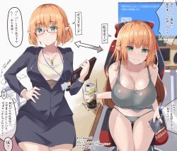 Rule 34 | 1girl, arrow (symbol), bad id, bad pixiv id, bare arms, bare shoulders, black jacket, black skirt, blazer, blue screen of death, breasts, camisole, can, cellphone, chair, cleavage, collarbone, crop top, elf, frown, glasses, gluteal fold, green eyes, grey panties, grey shirt, hair bun, hand on own hip, highres, holding, id card, jacket, jewelry, large breasts, long hair, looking at viewer, miniskirt, motion lines, multiple views, mushpz, necklace, no pants, office lady, orange hair, original, panties, pencil skirt, phone, pointy ears, shirt, sidelocks, single hair bun, sitting, skirt, sleeveless, sleeveless shirt, smartphone, speech bubble, string panties, thighs, translation request, underwear, v-shaped eyebrows