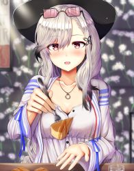 Rule 34 | 1girl, alternate costume, azur lane, blush, breasts, buran (22x), butterfly hair ornament, cleavage, day, dress, dunkerque (afternoon venus) (azur lane), dunkerque (afternoon venus) (azur lane), dunkerque (azur lane), eyewear on head, giving, grey hair, hair ornament, hat, highres, jacket, jewelry, large breasts, long hair, looking at viewer, necklace, sidelocks, sitting, solo, sunglasses, tinted eyewear, white dress, white jacket