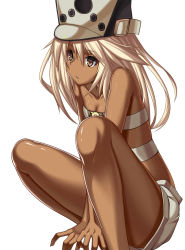 Rule 34 | 1girl, arm support, belt bra, blonde hair, breasts, dark skin, dark-skinned female, guilty gear, guilty gear xrd, hat, highres, jitome, long hair, looking away, ramlethal valentine, short shorts, shorts, small breasts, solo, takanashi-a, thighs, triangle mouth, underboob