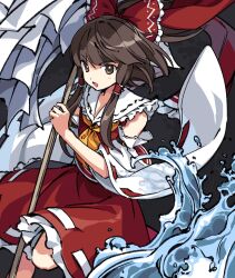 Rule 34 | 1girl, ascot, bow, brown eyes, brown hair, commentary, detached sleeves, frilled bow, frills, gohei, hair bow, hair tubes, hakurei reimu, highres, holding, holding gohei, kaigen 1025, long hair, open mouth, red bow, red skirt, ribbon-trimmed sleeves, ribbon trim, skirt, skirt set, solo, sunken fossil world, touhou, water, yellow ascot