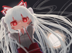 Rule 34 | 1girl, arms behind head, blush stickers, bow, bright pupils, cigarette, collared shirt, commentary, fujiwara no mokou, hair bow, highres, long hair, long sleeves, looking at viewer, moon, multicolored bow, night, night sky, open fly, pants, red bow, red eyes, red pants, shirt, sky, smoke, smoking, solo, suspenders, sweet reverie, touhou, upper body, white bow, white pupils, white shirt