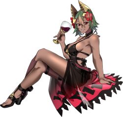 Rule 34 | 1girl, black one-piece swimsuit, breasts, crossed legs, cup, dark-skinned female, dark skin, drinking glass, ebinku, fire emblem, fire emblem heroes, flower, from side, full body, gradient hair, green hair, hair flower, hair ornament, high heels, highres, holding, laegjarn (fire emblem), looking to the side, multicolored hair, nintendo, one-piece swimsuit, orange hair, parted lips, sarong, short hair, sideboob, simple background, solo, swimsuit, white background, wine glass