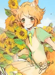 Rule 34 | 1boy, animal ears, blush, candy (robbit), closed mouth, flower, green eyes, horns, looking at viewer, male focus, orange hair, painting (medium), selen (show by rock!!), sheep boy, sheep ears, sheep horns, short hair, show by rock!!, smile, solo, sunflower, traditional media, watercolor (medium), yellow flower