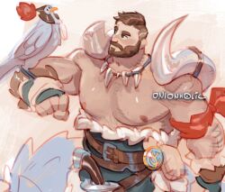 Rule 34 | 1boy, alternate costume, animal on arm, arm hair, bara, bare pectorals, beard, bird, bird on arm, brown hair, coral island, creature, facial hair, from side, full beard, hairy, huge pectorals, large pectorals, male focus, mark (coral island), muscular, muscular male, mustache, nipples, onion holic, pectorals, short hair, solo, sparse chest hair, thick mustache, upper body