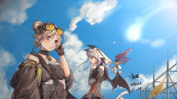 Rule 34 | 2girls, absurdres, animal ears, artist name, black gloves, cat ears, choker, cloud, cloudy sky, commentary request, dated, day, double bun, expressionless, eyewear on head, fake wings, girls&#039; frontline, gloves, hair bun, highres, light brown hair, looking at viewer, multiple girls, official alternate costume, outdoors, own hands together, p7 (girls&#039; frontline), p7 (sister gunslinger) (girls&#039; frontline), p90 (girls&#039; frontline), parted lips, purple eyes, red eyes, short hair, signature, sky, sunglasses, tail, upper body, wings, yangli myrica