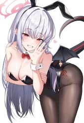 Rule 34 | 1girl, absurdres, animal ears, bare shoulders, bent over, black leotard, blue archive, blush, bow, bowtie, breasts, brown pantyhose, cleavage, collar, commentary, demon tail, detached collar, english commentary, fake animal ears, halo, haruna (blue archive), highres, holding own arm, large breasts, leaning forward, leotard, long hair, looking at viewer, pantyhose, playboy bunny, rabbit ears, rahy, red bow, red bowtie, red eyes, simple background, single wing, smile, tail, white background, white collar, white hair, wings, wrist cuffs