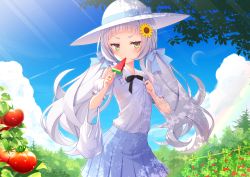 Rule 34 | 1girl, absurdres, alternate costume, bag, black bow, black neckwear, blue bow, blue ribbon, blue sky, blunt bangs, blush, bow, brown eyes, buttons, cloud, commentary request, day, eating, elbow carry, flower, food, hair bow, hair flower, hair ornament, hat, hat bow, hat ribbon, highres, hololive, huge filesize, long hair, looking at viewer, low twintails, murasaki shion, plastic bag, pleated skirt, popsicle, ribbon, sasakura momiji, shirt, short sleeves, silver hair, skirt, sky, solo, summer, sun hat, sunflower, tomato, tree, twintails, virtual youtuber, watermelon bar, white shirt