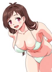 Rule 34 | 1girl, alternate costume, anbj, antenna hair, arms behind back, bent over, bikini, blush, breasts, brown hair, cleavage, collarbone, commentary request, groin, halterneck, idolmaster, idolmaster cinderella girls, large breasts, looking at viewer, navel, partial commentary, red eyes, simple background, smile, solo, stomach, string bikini, swimsuit, teeth, thighhighs, tsujino akari, upper teeth only, white background, white bikini