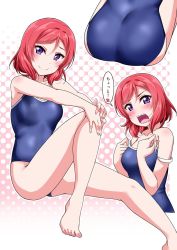 Rule 34 | 10s, 1girl, angry, ass, bare legs, bare shoulders, barefoot, blush, breasts, collarbone, competition school swimsuit, embarrassed, halftone, highres, kanji, looking at viewer, love live!, love live! school idol project, medium breasts, multiple views, nail polish, nishikino maki, off shoulder, one-piece swimsuit, open mouth, purple eyes, red hair, school swimsuit, short hair, sitting, smile, speech bubble, swimsuit, toenail polish, toenails, yopparai oni