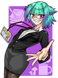 Rule 34 | 1girl, alternate costume, black jacket, black pantyhose, black skirt, blunt bangs, character name, contemporary, fate/grand order, fate (series), formal, grin, highres, id card, jacket, locusta (fate), looking at viewer, multicolored hair, nubebenbe, office lady, pants, pantyhose, pencil skirt, purple background, purple eyes, purple hair, sharp teeth, shirt, short hair, skirt, skirt suit, smile, solo, suit, teeth, two-tone hair, white background, white shirt