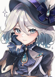 Rule 34 | 1girl, ascot, black ascot, black gloves, blue eyes, blue gemstone, blue hair, blue hat, blue jacket, brooch, closed mouth, commentary request, drop-shaped pupils, frills, furina (genshin impact), gem, genshin impact, gloves, gradient hair, grey hair, hair between eyes, half gloves, hand on own cheek, hand on own face, hat, hat ornament, jacket, jewelry, konata (knt banri), light blue hair, light smile, long bangs, long hair, long sleeves, looking at viewer, mismatched pupils, multicolored hair, signature, simple background, solo, sparkle, symbol-shaped pupils, top hat, upper body