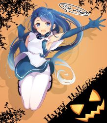 Rule 34 | 10s, 1girl, apron, armpits, bare shoulders, blue eyes, blue gloves, blue hair, commentary request, elbow gloves, eyebrows, gloves, halloween, halloween costume, happy halloween, highres, jack-o&#039;-lantern, kantai collection, long hair, looking at viewer, matching hair/eyes, open mouth, pantyhose, pumpkin, samidare (kancolle), solo, tebi (tbd11), thighband pantyhose, trick or treat, white apron, white pantyhose