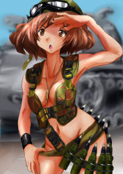 Rule 34 | 10s, 1girl, akiyama yukari, ammunition, ammunition belt, armor, bandolier, bikini armor, blurry, breasts, brown eyes, brown hair, bullet, camouflage, camouflage panties, commentary request, cowboy shot, depth of field, girls und panzer, goggles, goggles on headwear, green panties, helmet, highres, hyakute gyojin, jewelry, load bearing vest, medium breasts, messy hair, military, military vehicle, motor vehicle, necklace, no pants, open mouth, panties, panty pull, pulling own clothes, shading eyes, short hair, solo, standing, tactical clothes, tank, underwear, wristband