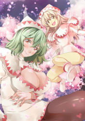 Rule 34 | 2girls, boots, breast hold, breasts, brown eyes, brown hair, brown legwear, capelet, cherry blossoms, cleavage cutout, clothing cutout, cosplay, dress, female focus, green hair, hat, kazami yuuka, large breasts, lily white, lily white (cosplay), long hair, looking at viewer, multiple girls, open mouth, panties, panties under pantyhose, pantyhose, red eyes, short hair, smile, touhou, underwear, white dress, yellow legwear, yohane