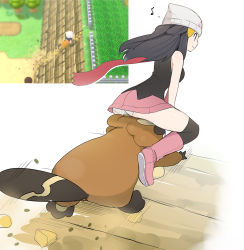 Rule 34 | 1girl, bare arms, beanie, bibarel, black hair, black shirt, boots, closed mouth, commentary request, creatures (company), dawn (pokemon), floating scarf, game freak, gen 4 pokemon, hair ornament, hairclip, hat, highres, long hair, luse maonang, musical note, nintendo, over-kneehighs, panties, pink footwear, pink skirt, pokemon, pokemon (creature), pokemon bdsp, red scarf, reference inset, rock, rock climb (pokemon), scarf, shiny skin, shirt, sidelocks, sitting, sitting on face, sitting on person, skirt, sleeveless, sleeveless shirt, smile, thighhighs, underwear, white headwear, white panties