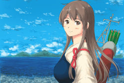 Rule 34 | 10s, 1girl, akagi (kancolle), brown eyes, brown hair, kantai collection, long hair, looking at viewer, looking to the side, muneate, ocean, quiver, smile, solo, tasuki, upper body, vent arbre