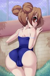 Rule 34 | 1girl, against wall, aisaka taiga, ascii media works, ass, bad id, bad pixiv id, blush, brown eyes, brown hair, cameltoe, come hither, competition school swimsuit, geewhy, highres, huge ass, one-piece swimsuit, petite, school swimsuit, solo, strap slip, swimsuit, tan, tanline, thighs, toradora!