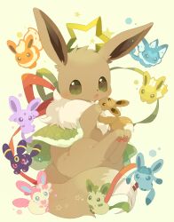 Rule 34 | brown eyes, brown fur, creatures (company), eevee, espeon, flareon, game freak, gen 1 pokemon, gen 2 pokemon, gen 4 pokemon, gen 6 pokemon, glaceon, highres, holding, jolteon, leafeon, nintendo, no humans, open mouth, pawpads, pokemon, pokemon (creature), ribbon, smile, star (symbol), stuffed animal, stuffed toy, sylveon, tail, umbreon, ushiina, vaporeon, white background