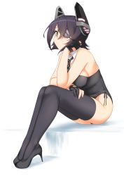 Rule 34 | 1girl, bare shoulders, black footwear, black gloves, black hair, black leotard, black thighhighs, breasts, checkered clothes, checkered neckwear, closed mouth, detached collar, eyepatch, from side, full body, gloves, hatakenaka (kamagabuchi), headgear, high heels, highres, kantai collection, leotard, looking at viewer, medium breasts, partially fingerless gloves, playboy bunny, short hair, sideboob, sitting, solo, tenryuu (kancolle), thighhighs, white background, yellow eyes