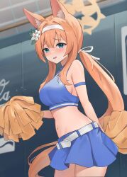 Rule 34 | 1girl, absurdres, bare shoulders, blue archive, blue eyes, cheerleader, highres, jag ging, looking at viewer, mari (blue archive), open mouth, orange hair, smile, solo