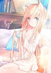 Rule 34 | 1girl, absurdres, animal ear fluff, animal ears, bare shoulders, bed, blonde hair, blue eyes, blurry, blurry background, blush, book, breasts, cleavage, closed mouth, collarbone, commentary request, depth of field, dress shirt, hair between eyes, hands in hair, hands up, head tilt, heart, highres, long hair, long sleeves, navel, off shoulder, on bed, open clothes, open shirt, original, peas (peas0125), pillow, shirt, signature, sitting, small breasts, smile, solo, tail, very long hair, wariza, white shirt