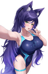 Rule 34 | 1girl, absurdres, animal ear fluff, animal ears, armpits, blue one-piece swimsuit, breasts, cleavage, collarbone, competition swimsuit, fox ears, green eyes, hair between eyes, highres, large breasts, long hair, looking at viewer, meridian project, mole, mole on breast, one-piece swimsuit, open mouth, oukafafafa, purple hair, seki (vtuber), selfie, simple background, smile, solo, swimsuit, tail, thigh strap, very long hair, virtual youtuber, w, white background