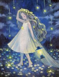Rule 34 | 1girl, barefoot, closed eyes, cloud, commentary request, dress, flower, full body, grass, grey hair, hair ornament, head wreath, highres, holding, holding lantern, jewelry, lantern, long hair, necklace, night, oil painting (medium), original, outdoors, painting (medium), ringodrawing, sky, solo, star (symbol), star hair ornament, star necklace, star wreath, traditional media, wavy hair, white dress