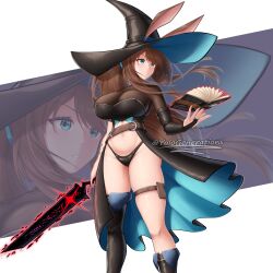 Rule 34 | aged up, amiya (arknights), animal ears, arknights, blue eyes, book, breasts, brown hair, corset, floating, floating book, floating object, hat, highres, large breasts, ponytail, rabbit ears, sword, thong, weapon, witch, witch hat, yolo generations
