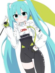 Rule 34 | 1girl, :3, absurdres, aqua eyes, aqua hair, asymmetrical clothes, asymmetrical legwear, black bodysuit, black thighhighs, blush, bodysuit, bodysuit under clothes, covered navel, crop top, crop top overhang, cropped jacket, female focus, flag, goodsmile racing, hair between eyes, hand on own hip, hatsune miku, headgear, highres, holding, holding flag, jacket, long hair, long sleeves, looking at viewer, puffy sleeves, racing miku, racing miku (2022), sidelocks, single thighhigh, solo, standing, thighhighs, twintails, very long hair, vocaloid, white background, white jacket
