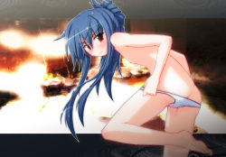 Rule 34 | 1girl, alternate hairstyle, ass, bad id, bad pixiv id, barefoot, blue hair, blush, female focus, flat chest, flower, get, hair up, hinanawi tenshi, hirotake, long hair, looking back, nipples, panties, panties only, panty pull, red eyes, solo, topless, touhou, underwear, underwear only, undressing, white panties