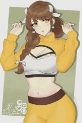 Rule 34 | 1girl, :o, braid, breasts, brown hair, cleavage, commentary request, cowboy shot, crop top, earrings, fire emblem, fire emblem engage, goldmary (fire emblem), hair ribbon, highres, jewelry, leggings, long hair, looking at viewer, medium breasts, midriff, navel, nintendo, open mouth, pants, ribbon, rotomdocs, shrug (clothing), skindentation, solo, sommie (fire emblem), standing, stomach, turtleneck, white ribbon, yellow eyes, yellow pants