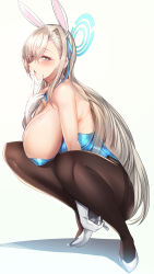 Rule 34 | 1girl, animal ears, asuna (blue archive), asuna (bunny) (blue archive), bare shoulders, blonde hair, blue archive, blue eyes, blue leotard, blue ribbon, breasts, brown pantyhose, commentary request, detached collar, fake animal ears, full body, gloves, gradient background, grey background, hair ribbon, halo, heart, heart-shaped pupils, highres, huge breasts, leotard, long hair, looking at viewer, mole, mole on breast, pantyhose, playboy bunny, pointy breasts, rabbit ears, ribbon, shadow, shoes, silly (marinkomoe), solo, squatting, symbol-shaped pupils, thighs, white background, white footwear, white gloves